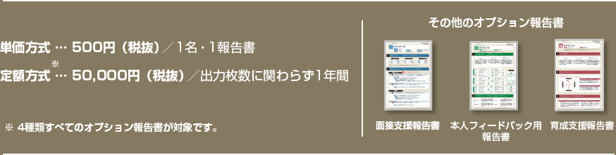 単価方式 … 500円（税抜）／1名・ 1報告書　定額方式 … 50,000円（税抜）／出力枚数に関わらず1年間